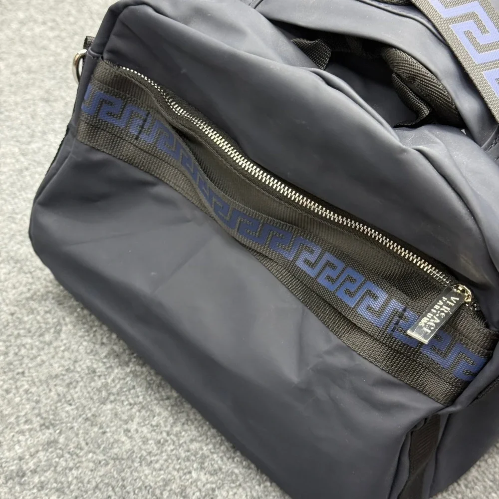 Versace Parfums Navy Blue Nylon Duffel Weekend Bag Greca Pattern Backpack Straps